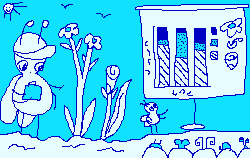 cartoon of a bug looking at flowers outdoors then presenting a bar chart about them to other bugs.