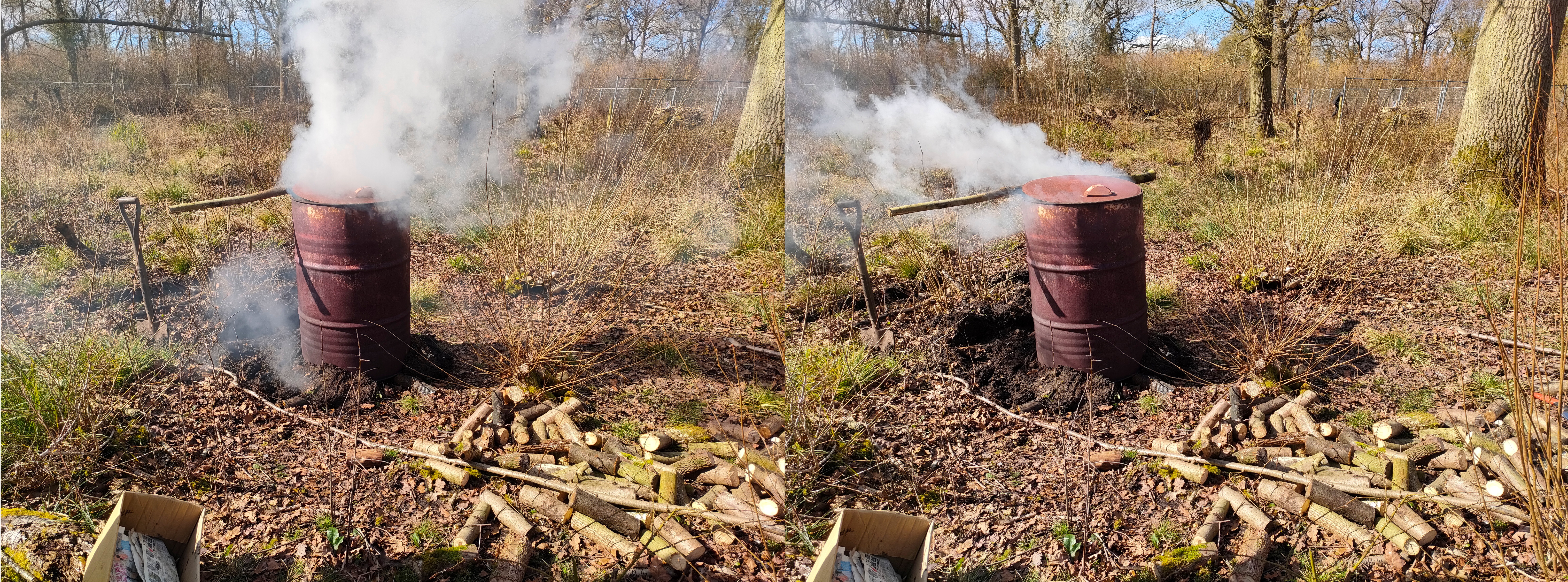 two photos of white smoke coming out from an oil drum charcoal kiln.